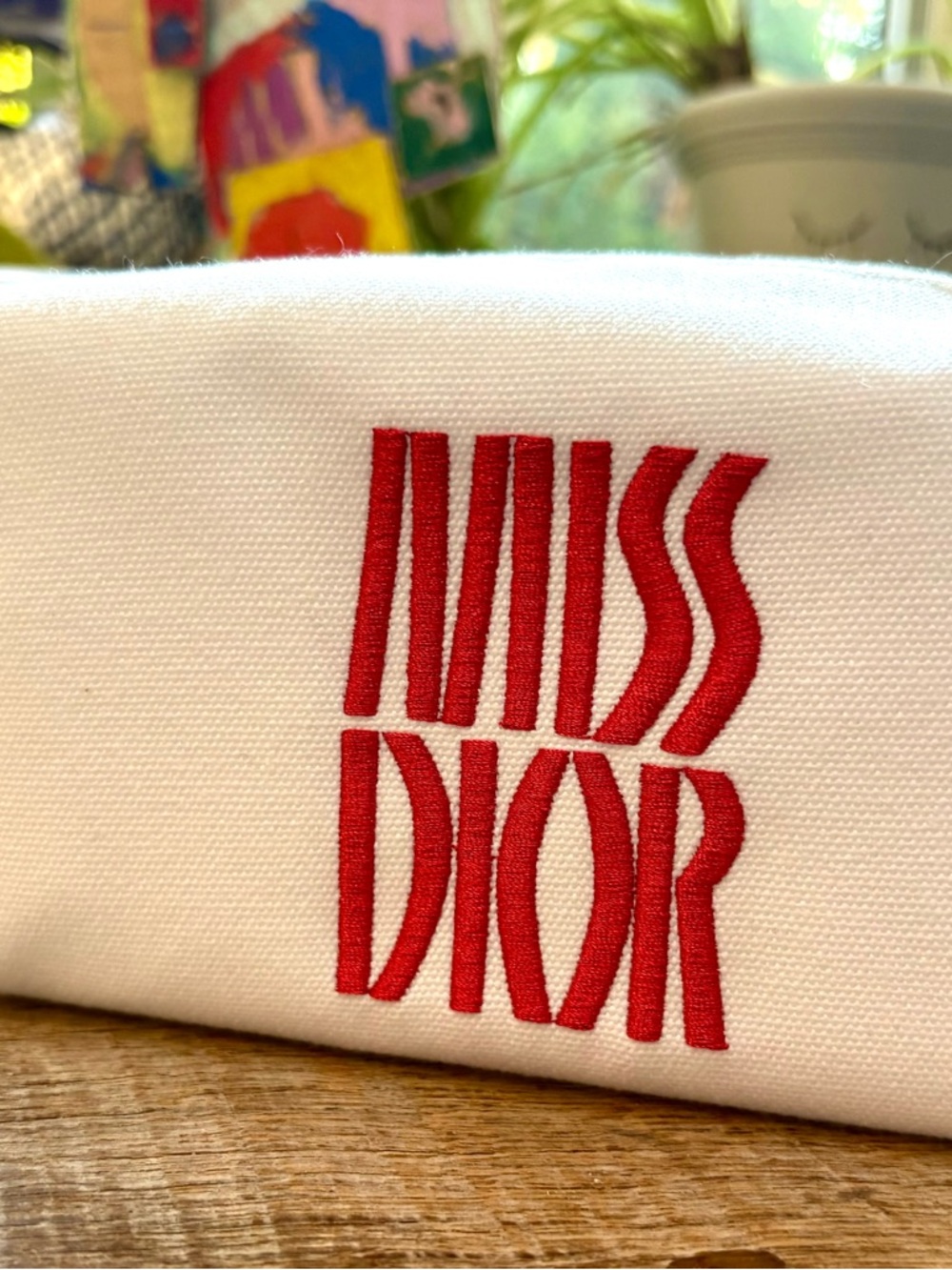 Dior White Canvas Pouch with Red 'Miss Dior' Embroidery, NIB - Picture 2 of 3